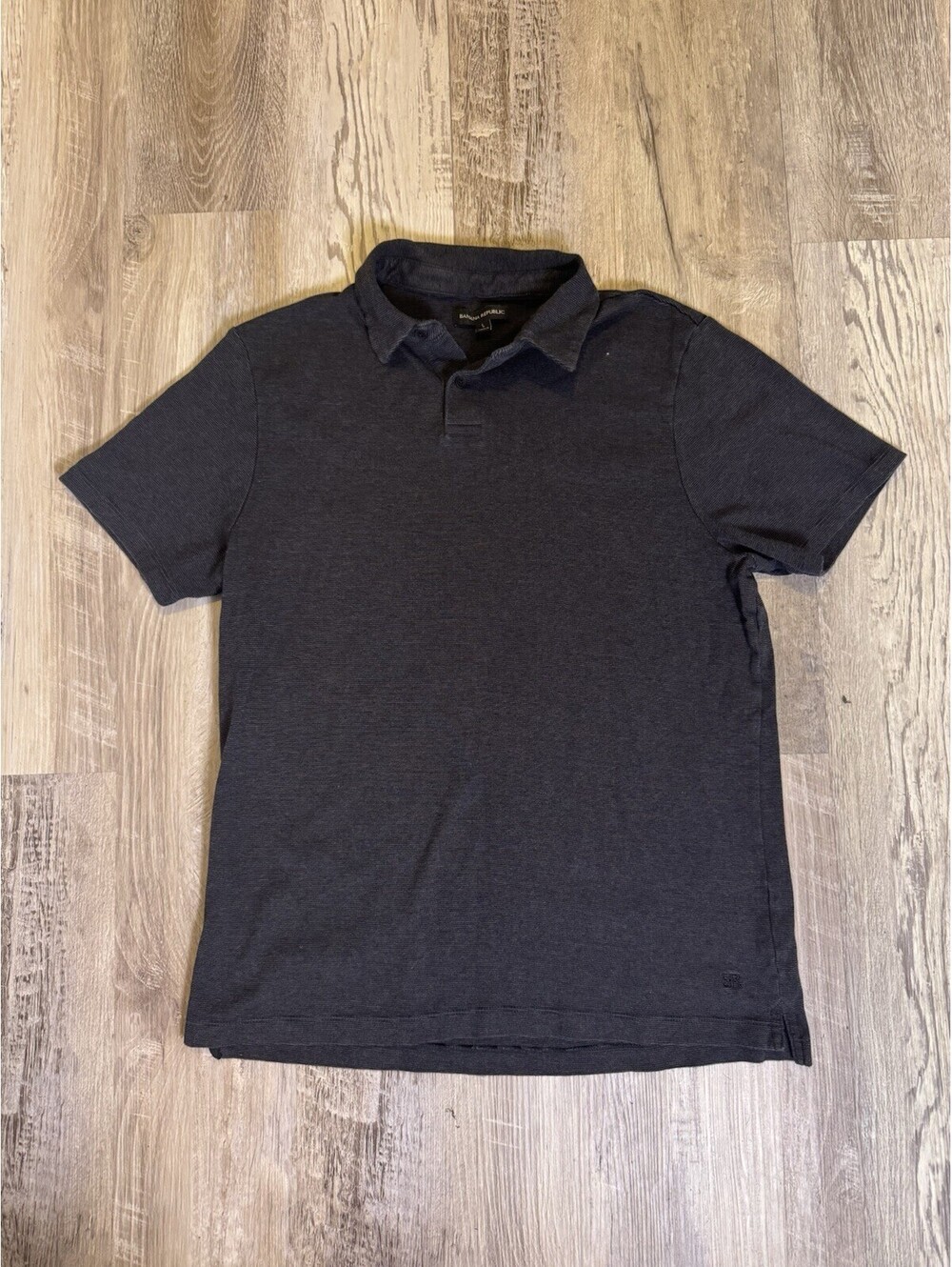 Banana Republic Mens Polo Shirt Large L Charcoal Gray Striped Short Sleeve Cttn